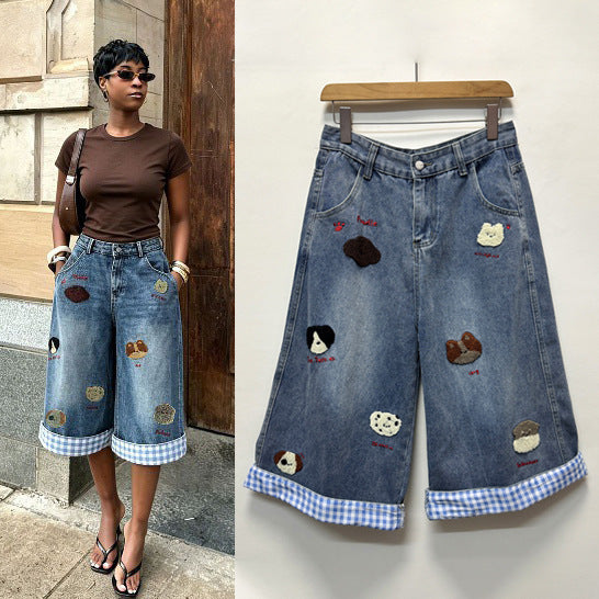 Embroidered Plaid Patchwork Wide-Leg Cropped Denim Pants for Streetwear