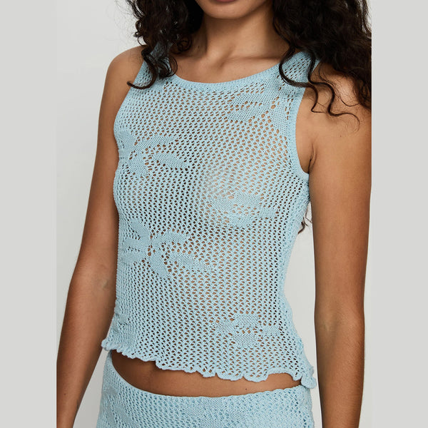 Women Hollowed-out embroidered crochet beach sleeveless top and skirt two-piece set