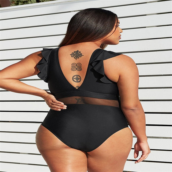 Plus Size Solid Mesh One-Piece Swimsuit