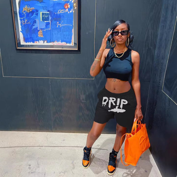 Letter Print Black High Waist Slimming Shorts for Streetwear