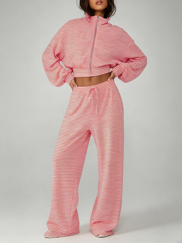 Striped Stand Collar Zipper Long Sleeve Top & Wide Leg Pants Set for Casual Wear
