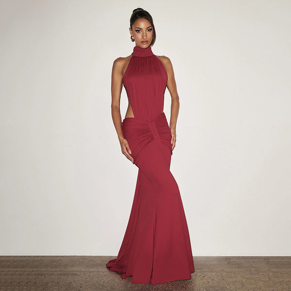 High-Neck Sleeveless Backless Pleated Dress for Summer Outings