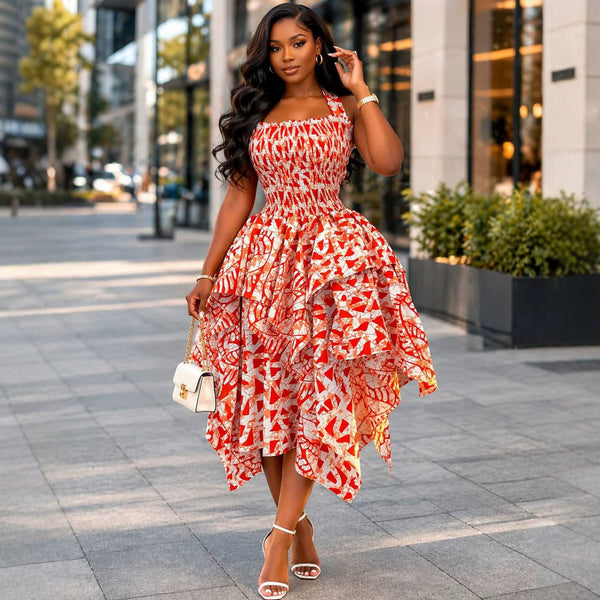African Printed Halter Neck Ruched Irregular Maxi Dress for Evening Wear
