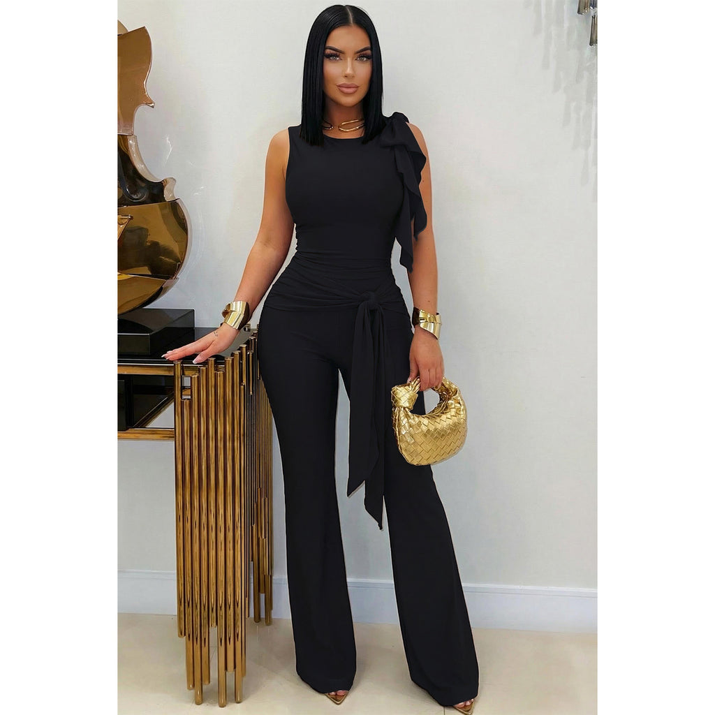 Lace-Up Ruffle Ruched Tank & Bell-Bottom Pants Set