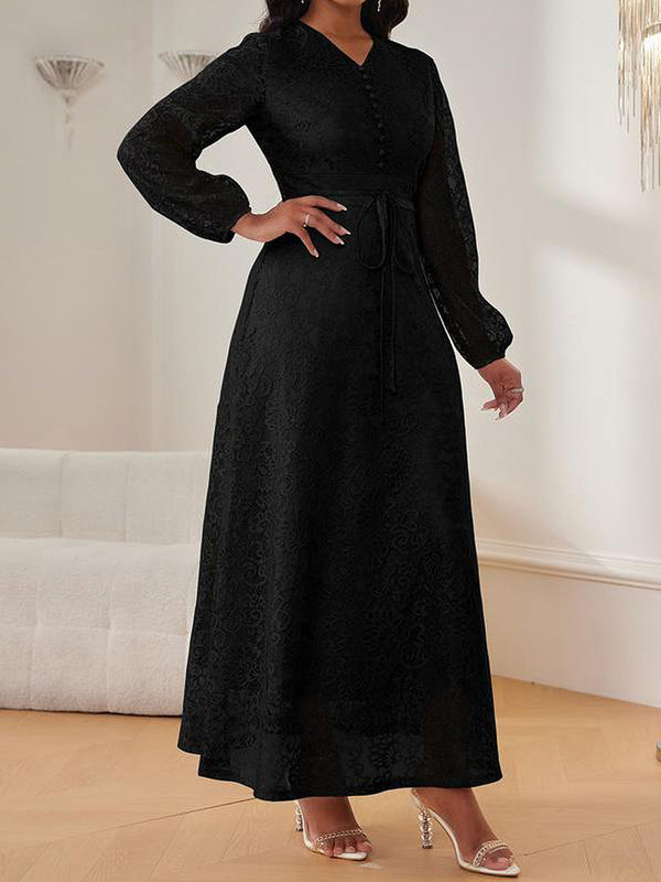 Lace Stand Collar Long-Sleeve Dress for Formal Events