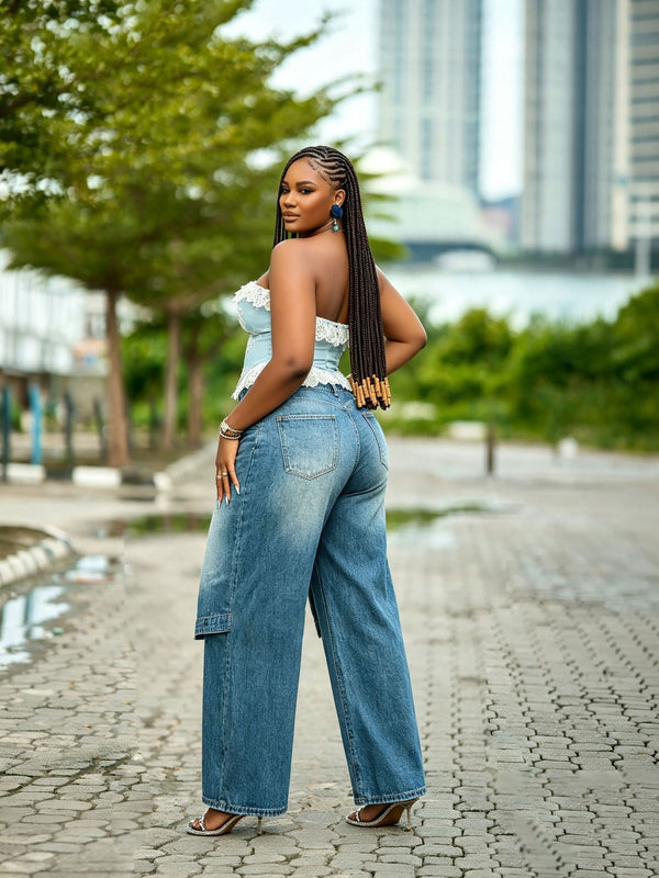 Patchwork Waistband Denim Pants for Casual Streetwear