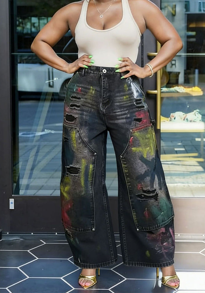 Painted Graffiti Ripped Denim Jeans for Streetwear