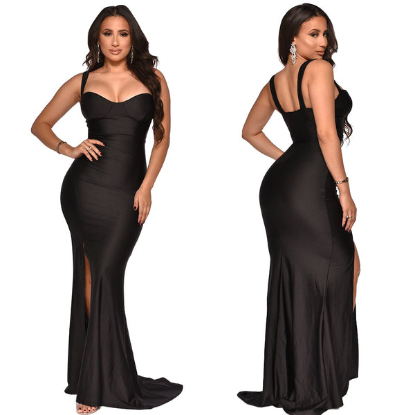 Solid Strap Slit Slim Maxi Dress for Spring/Summer Events