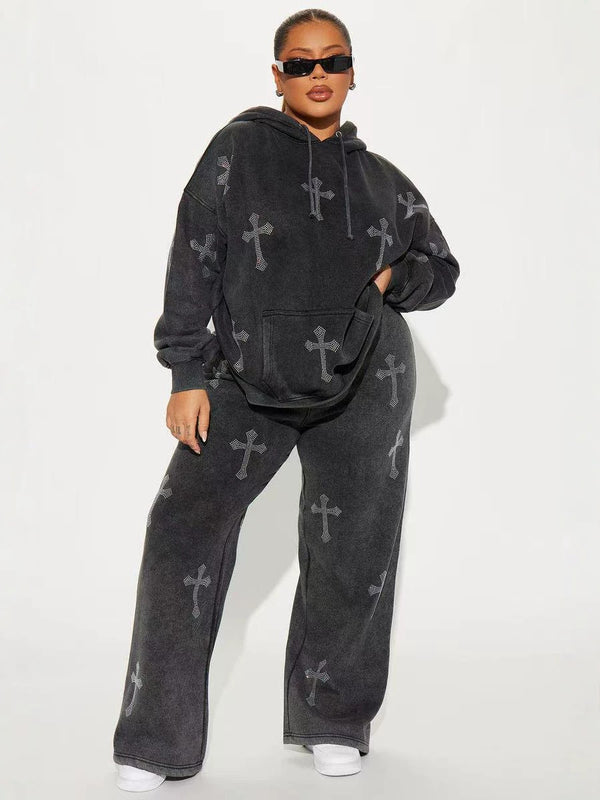 Cross Beaded Loose-Fit Hooded Top & Wide-Leg Sweatpants Two-Piece Set for Streetwear