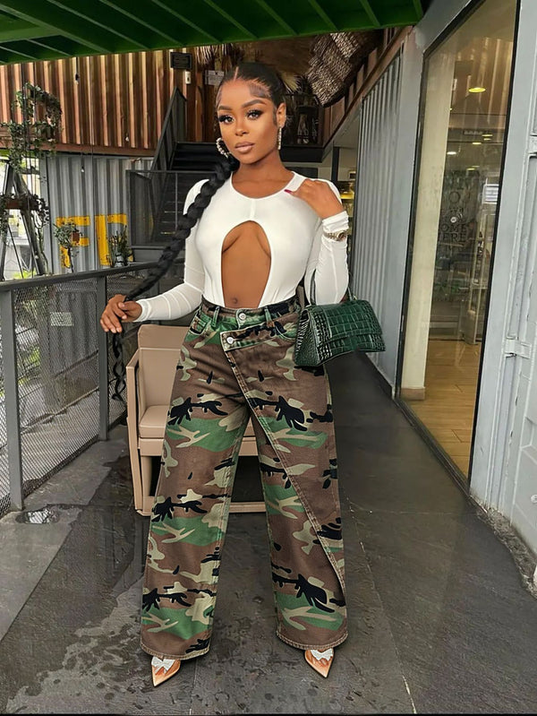 Faux Two-Piece Camouflage Print Wide-Leg Denim Skort for Streetwear