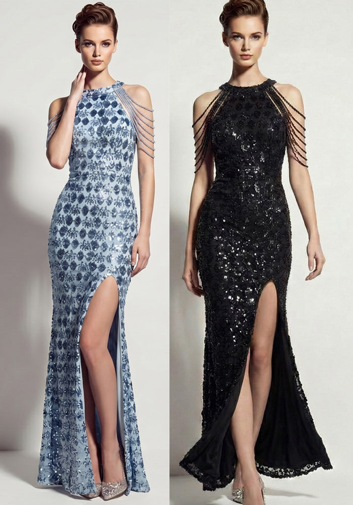 Sequin Split Fringe Shoulder Chain Formal Evening Gown