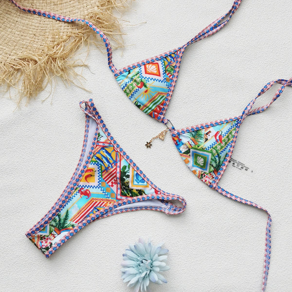 Printed Lace-Up Backless Two-Piece Bikini for Summer Vacations