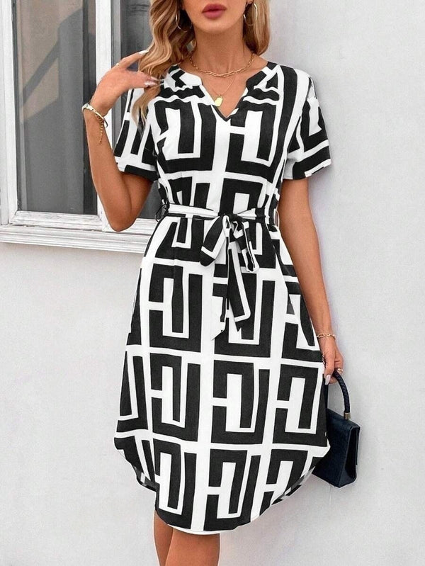 Striped V-Neck Short Sleeve Dress for Summer Casual