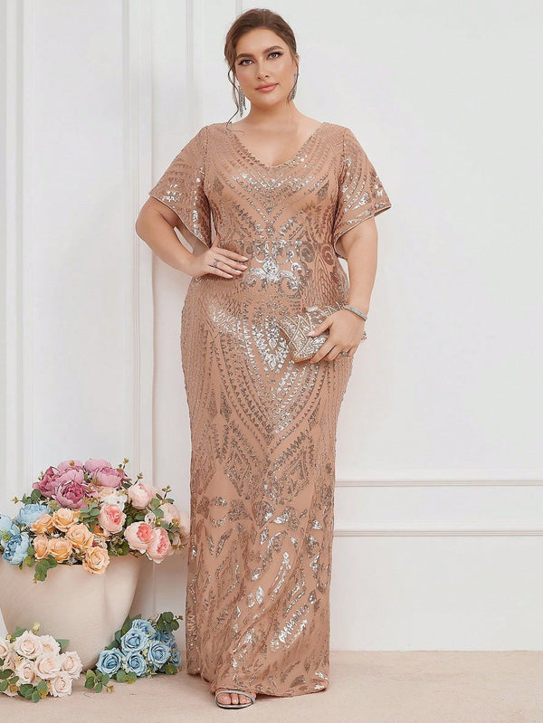 Plus Size Formal Party Elegant Gold Sequin Bodycon Evening Dress