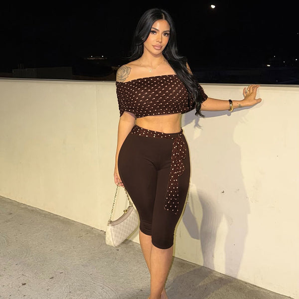 Women Sexy Off-Shoulder Polka Dot Top and Capri Pants Two-Piece Set