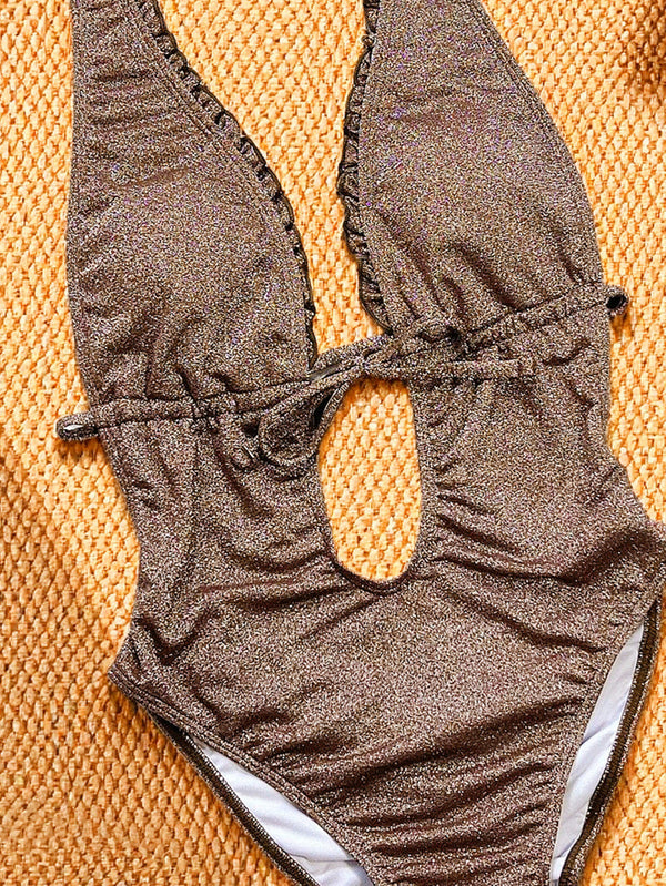 Solid Color Halter Neck Tie One-Piece Swimsuit