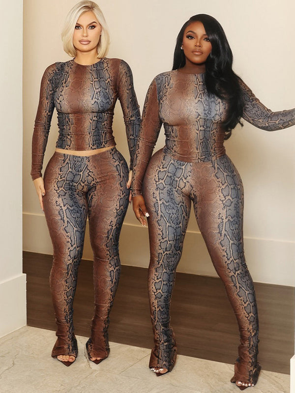Snake Print Long Sleeve Top & Bell Bottom Pants Set