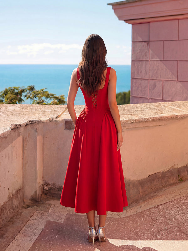 Solid Red Sleeveless Slim-Waist A-Line Dress for Formal Parties