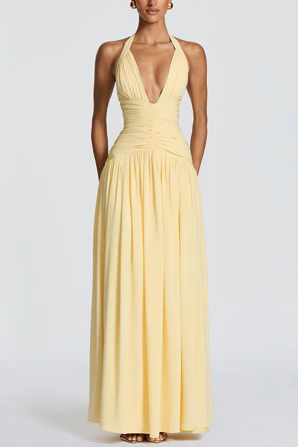 Solid Deep V Halter Tie-Accent Split Dress for Evening Parties