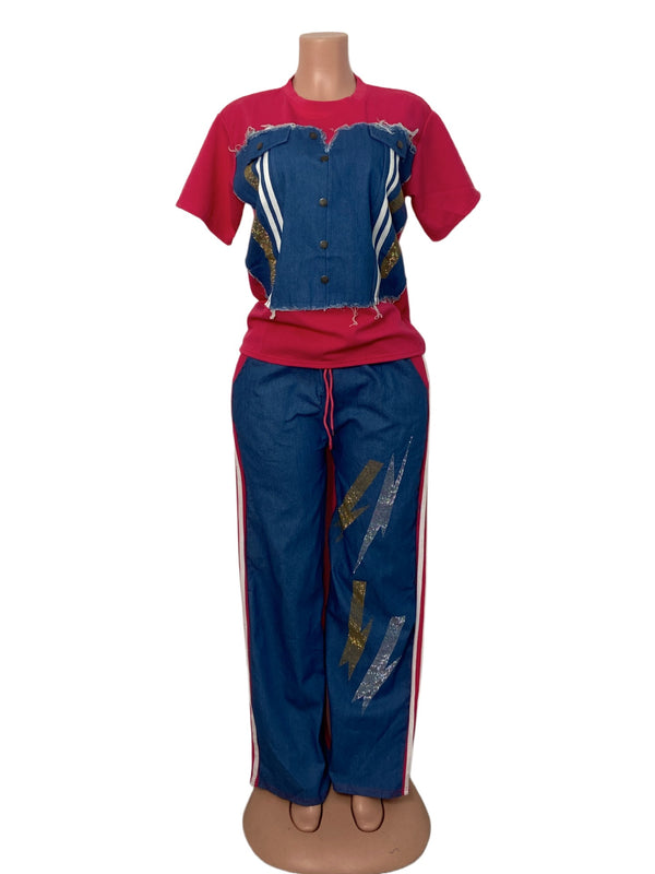 Plus Size Denim Patchwork Short Sleeve Top & Beaded Wide Leg Pants Set