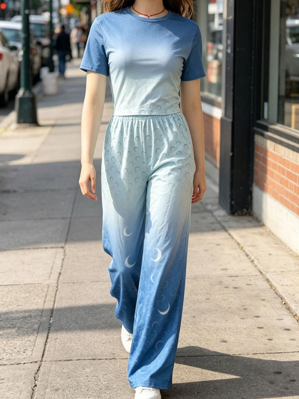 Moon Print Stretch Basic Top & Pants Set for Casual Activewear