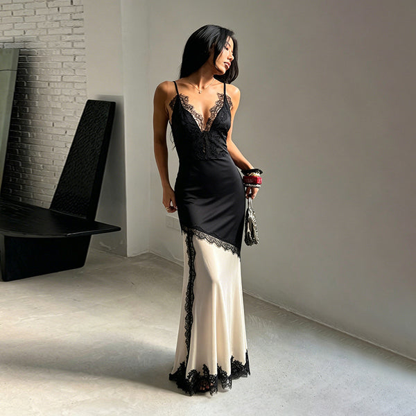 V-Neck Strap Black & White Color Block Lace Trim Split Mermaid Dress