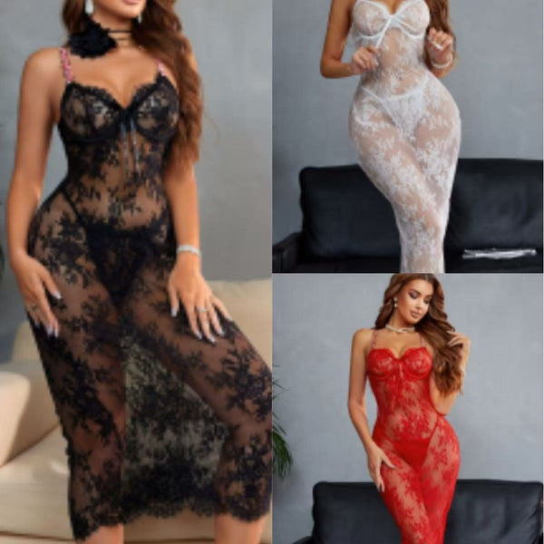 Sexy Lace Mesh See-Through Strap Tight-Fitting Long Dress Lingerie