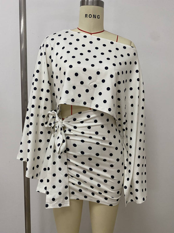 Polka Dot Slash Shoulder Irregular Top Lace-Up Ruched Dress for Summer