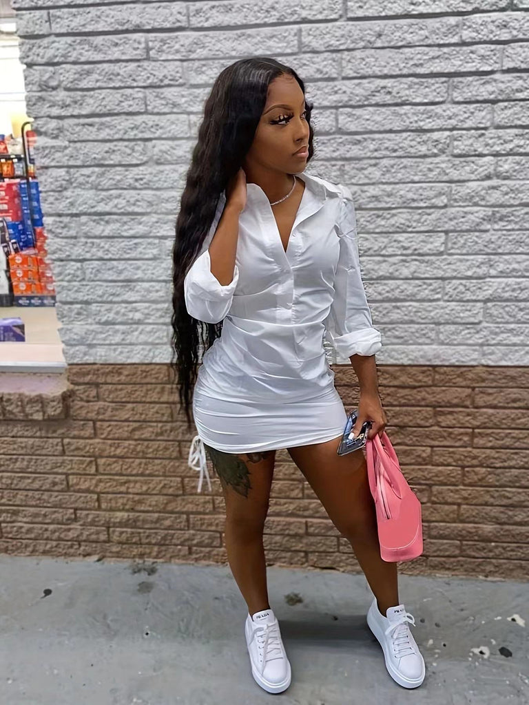 Women's Sexy Ruched Drawstring Shirt Dress