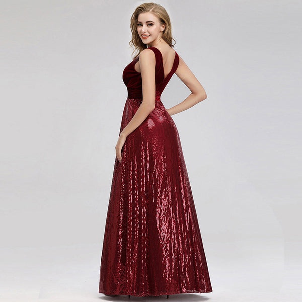V-Neck Sleeveless Sequin A-Line Patchwork Velvet Evening Dress for Formal Events