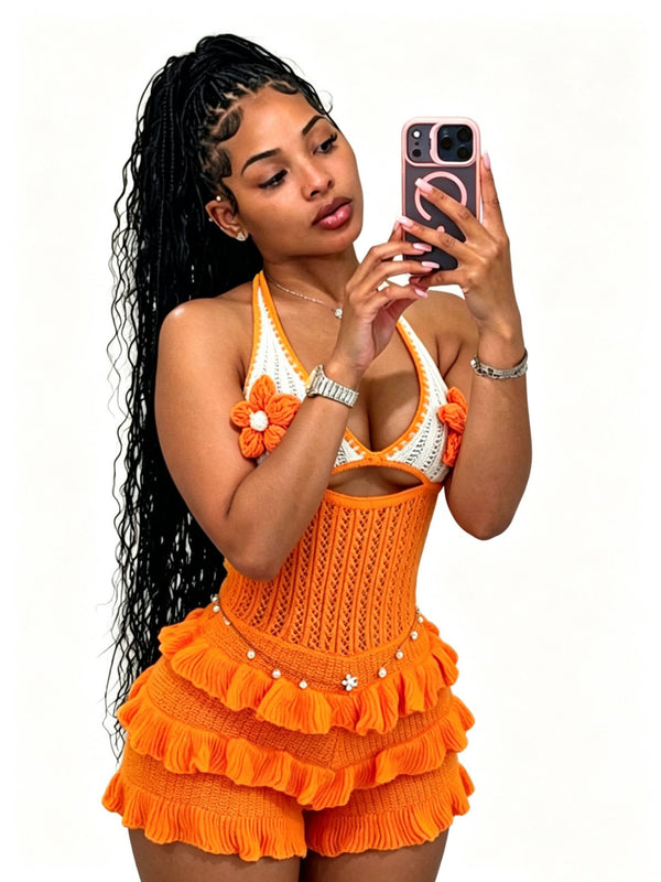 Knitted Crochet Halter Lace-Up Hollow-Out Jumpsuit for Summer Beachwear