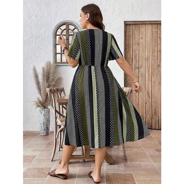 Plus Size Women Striped Polka Dot V Neck Maxi Dress