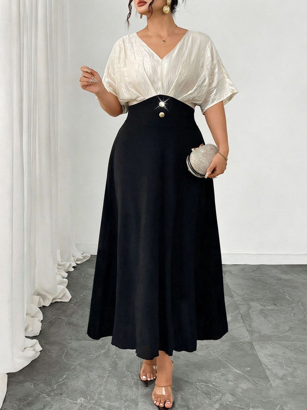 Plus Size Contrast Color V-Neck Dress for Summer Events