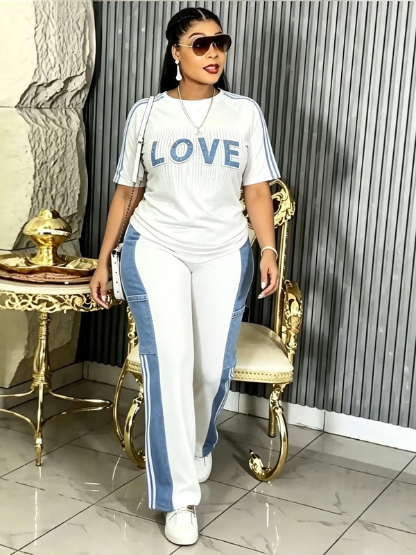 Plus Size Beaded Short Sleeve Color Block Striped Patchwork Denim Pants Set