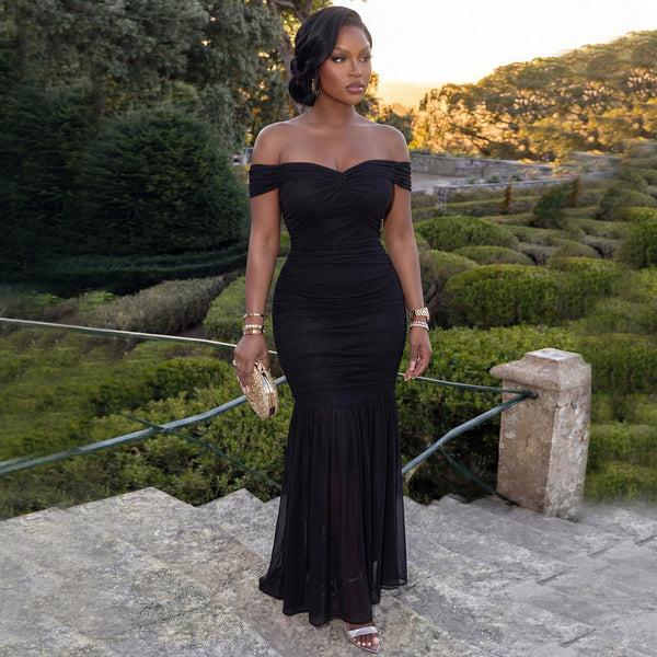 Solid Mesh Off-Shoulder Bodycon Maxi Dress for Parties