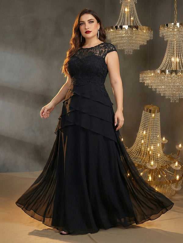 Plus Size Lace Patchwork Chiffon Ruffle Edge A-Line Evening Dress for Formal Parties