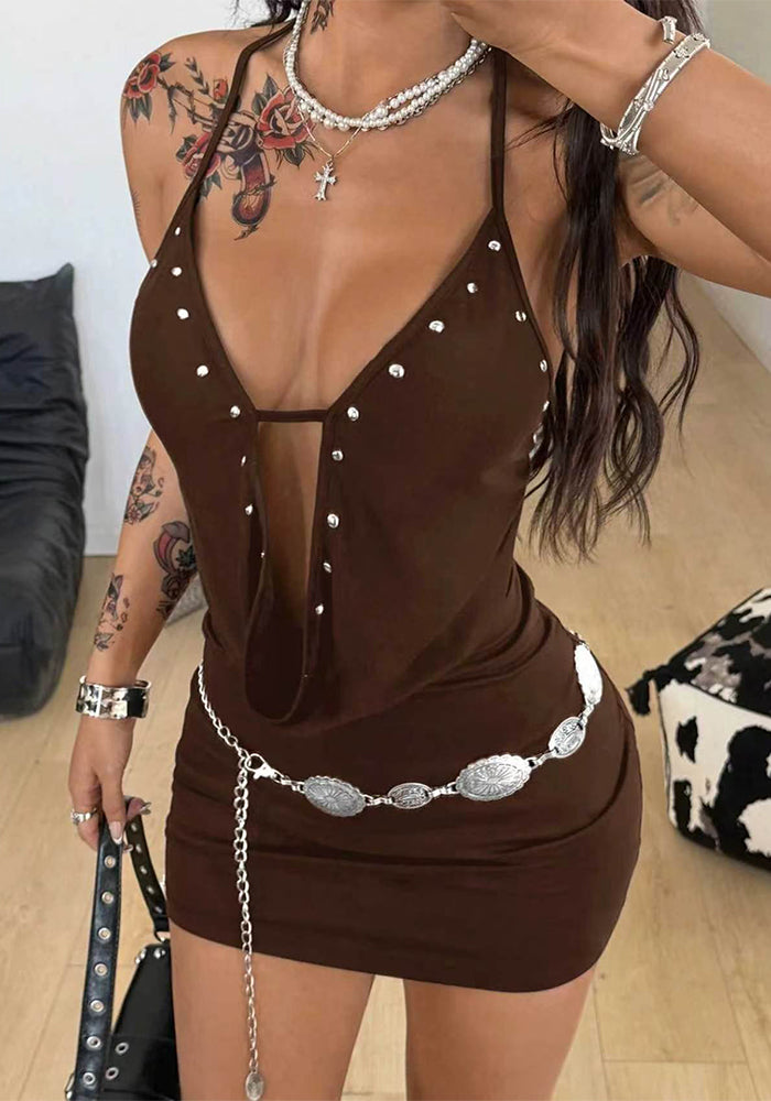 Rivet Embellished Mini Dress for Clubwear