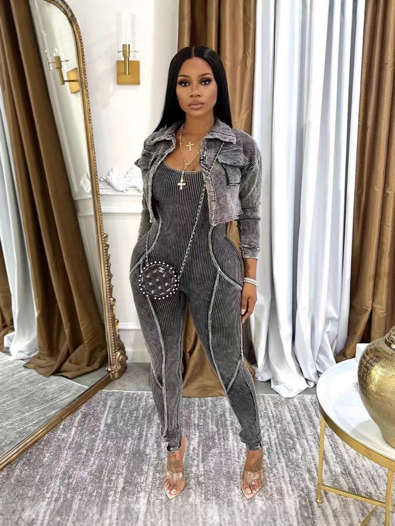 Solid Tight Slim Jumpsuit & Coat Casual Two-Piece Set