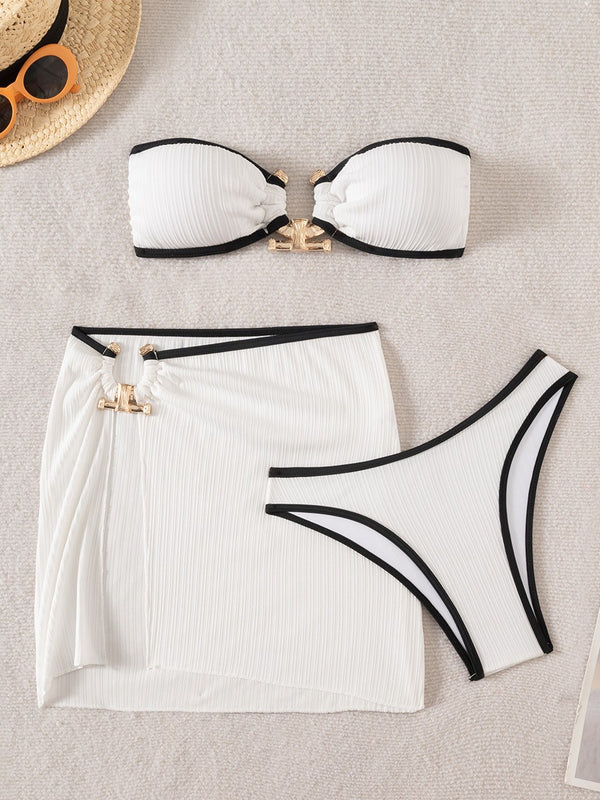 Strapless Metal Decor High Slit Three-Piece Bikini for Beachwear