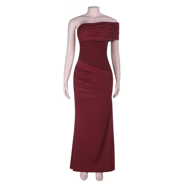 Women Halter Neck Slash Shoulder Party Maxi Dress