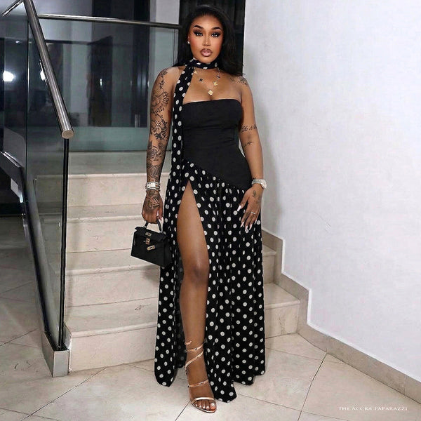 Patchwork Polka Dot Halter Strapless Ribbon High-Slit Dress for Summer Parties
