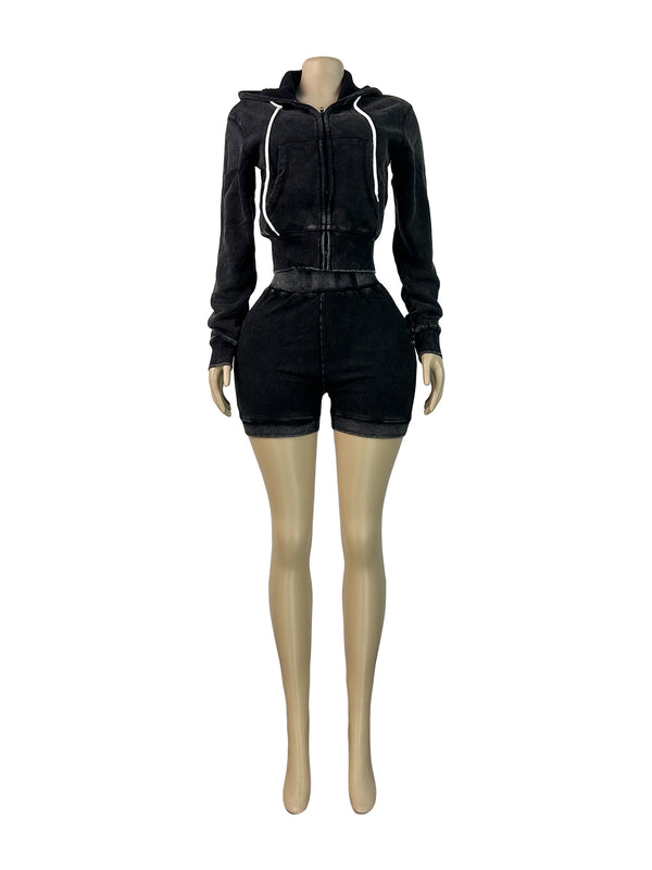 Washed Zipper Hooded Top & Shorts Set for Casual Streetwear