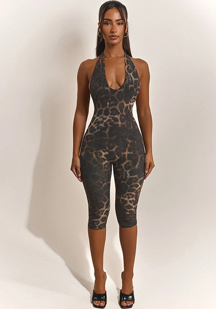 Leopard Print Backless Jumpsuit for Club Wear