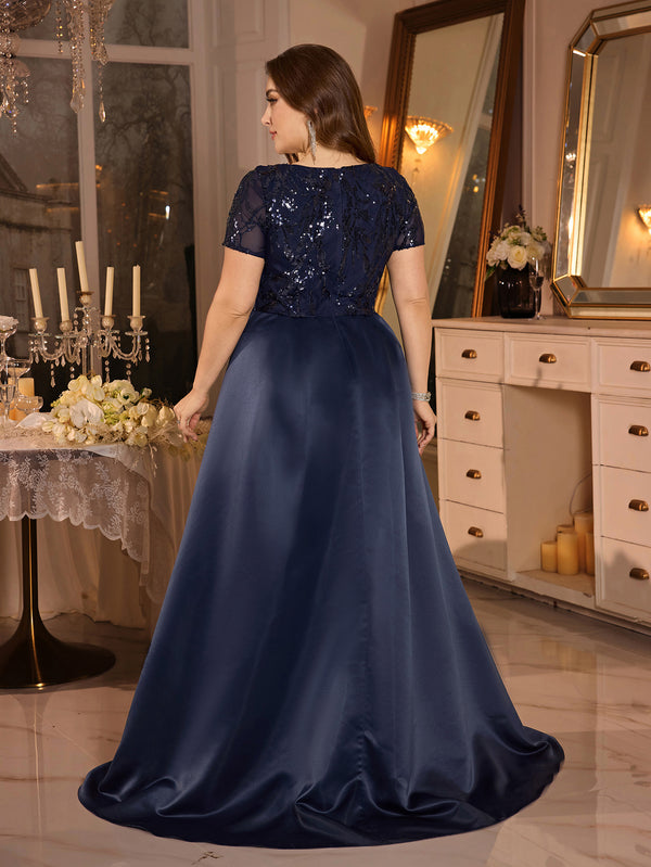 Plus Size Square Neck Pleated Sequin Dress for Formal Parties