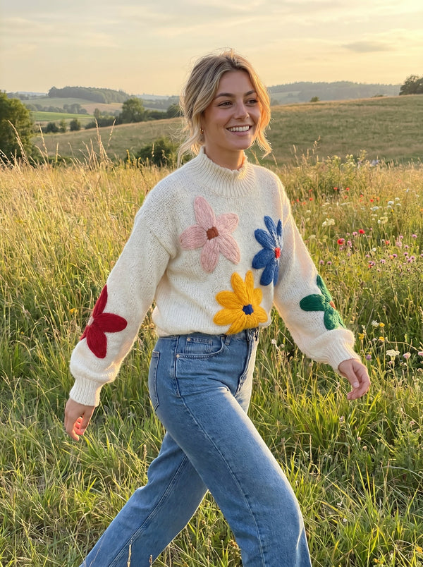 Floral High-Neck Knitted Sweater for Autumn & Winter