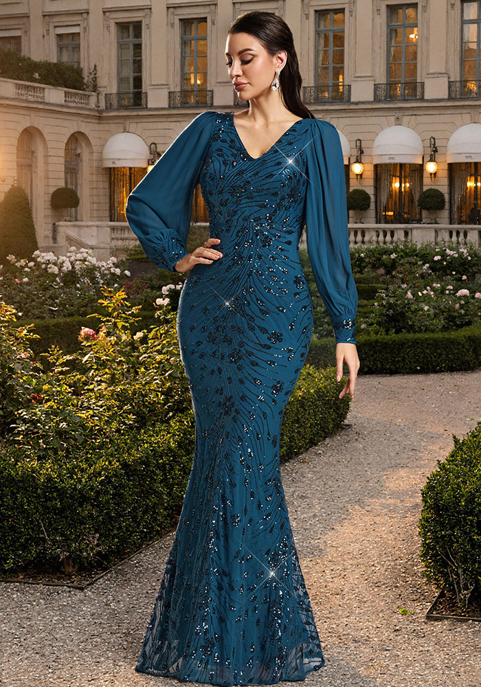 V-Neck Long-Sleeve Mesh Sequin Mermaid Evening Gown