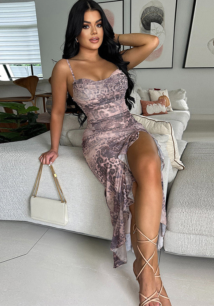 Slit Suspender Ruffle Dress for Evening Parties