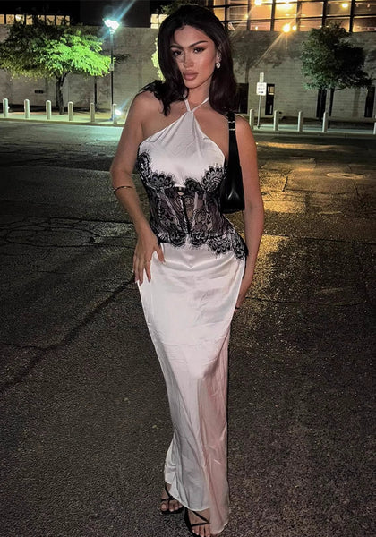 Women Sexy Lace Patchwork Halter Neck Backless Bodycon Dress