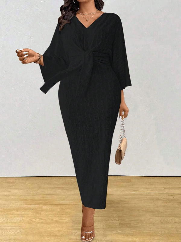 Plus Size V-Neck Long Sleeve Knitted Lace-Up Dress for Fall & Winter