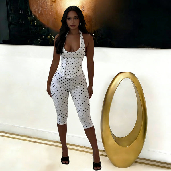 Halter Polka Dot Fishbone Zip Seven-Point Jumpsuit